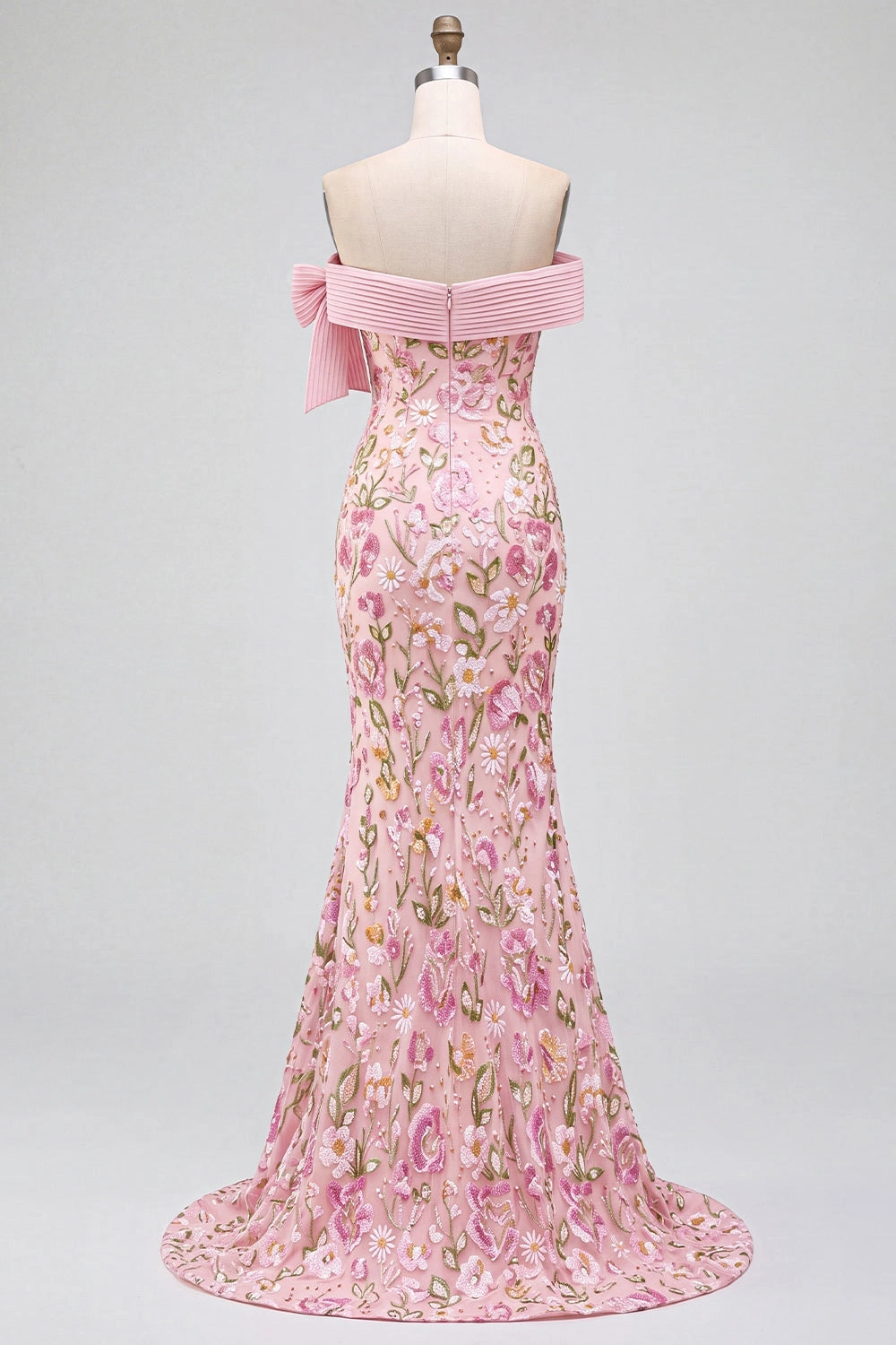 Romantic Floral Mermaid Straight Across Off Shoulder Zipper Back High Slit Sweep Train Prom Dress