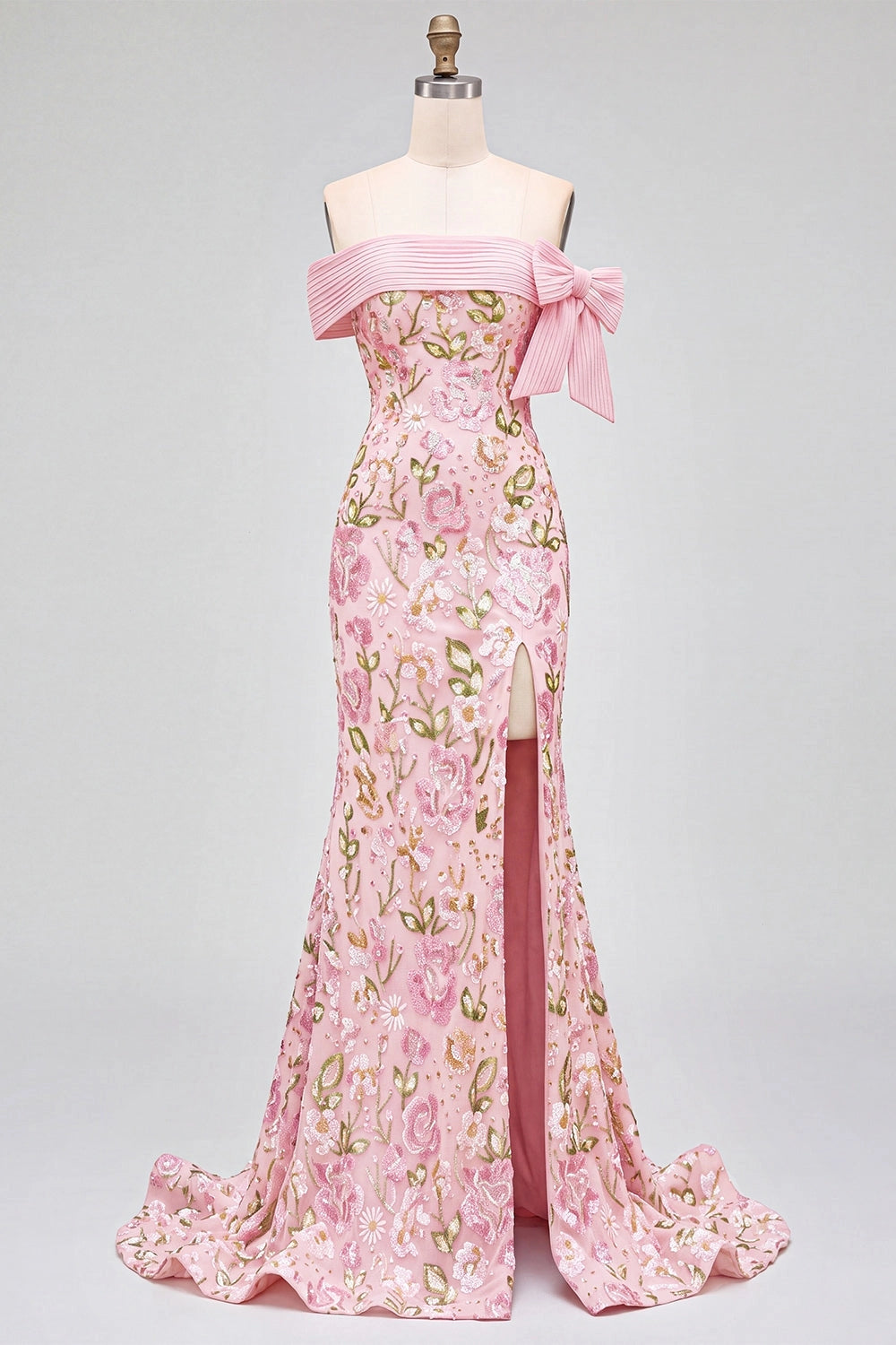 Romantic Floral Mermaid Straight Across Off Shoulder Zipper Back High Slit Sweep Train Prom Dress
