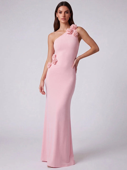 Loverlm pink crepe mermaid prom dress with one-shoulder neckline and three-dimensional floral appliqués