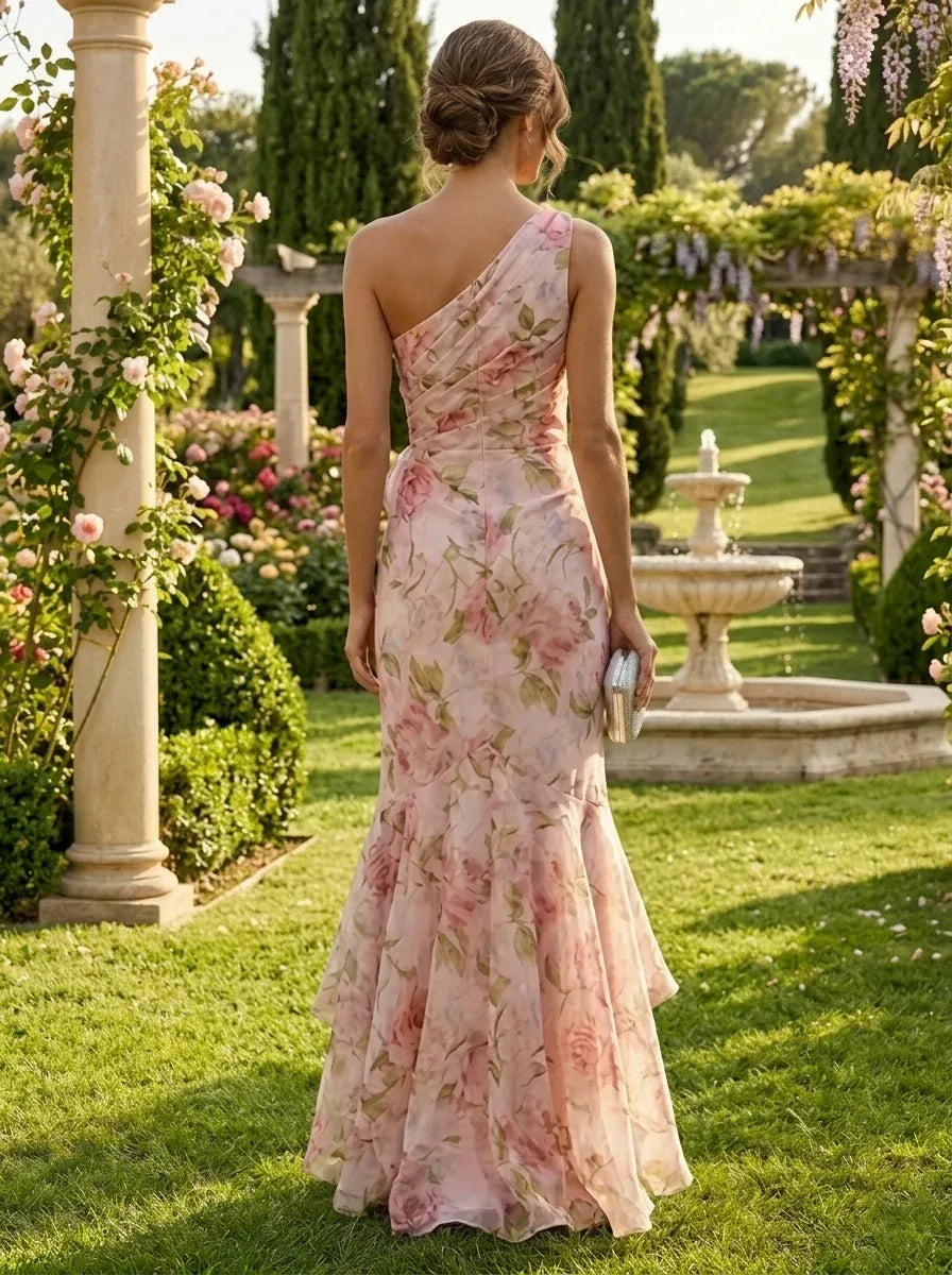 Romantic Mermaid One Shoulder Sleeveless Zipper Back Floor-Length Wedding Guest Dress