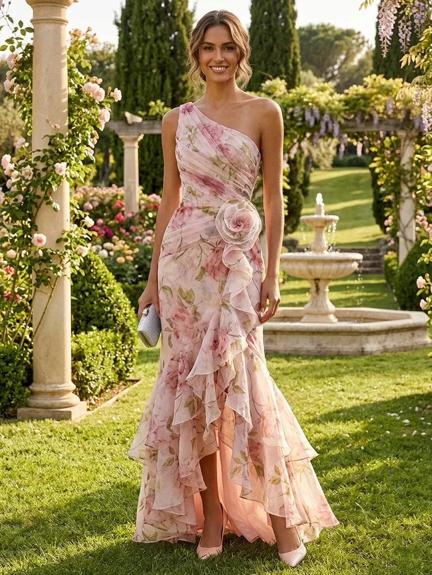 Loverlm pink floral one shoulder ruffle mermaid wedding guest dress front view