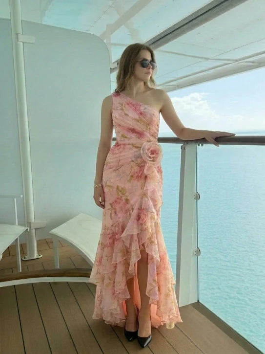 Romantic Mermaid One Shoulder Sleeveless Zipper Back Floor-Length Wedding Guest Dress
