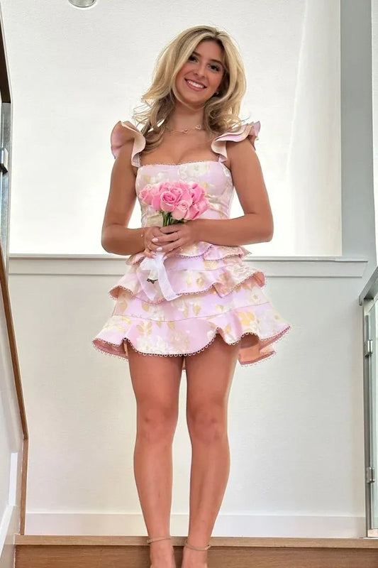 Sweet A-Line Square Neck Ruffle Sleeves Lace-Up Back Mini Homecoming Dress