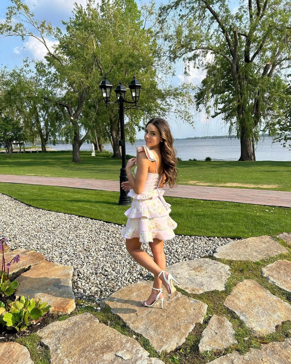 Sweet A-Line Square Neck Ruffle Sleeves Lace-Up Back Mini Homecoming Dress