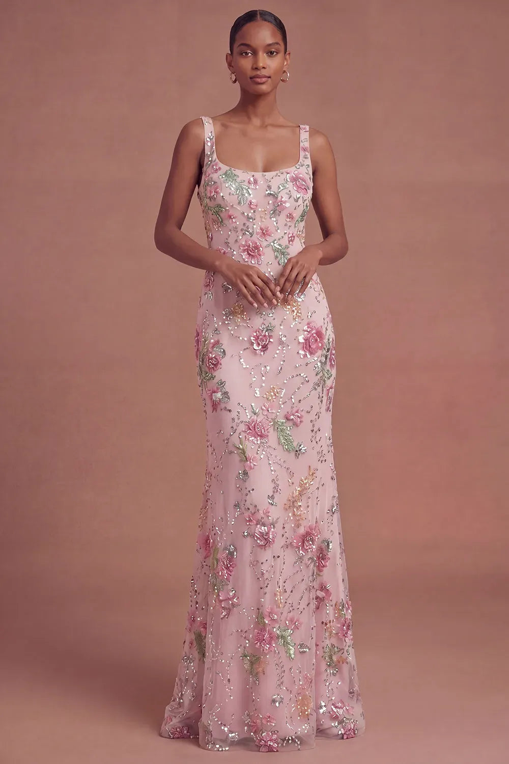 Loverlm blush pink floral embroidered mermaid prom dress with scoop neckline, wide straps and shimmering sequin embellishments front view