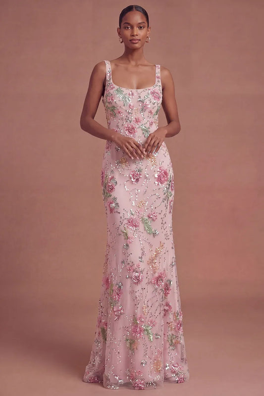 Loverlm blush pink floral embroidered mermaid prom dress with scoop neckline, wide straps and shimmering sequin embellishments front view