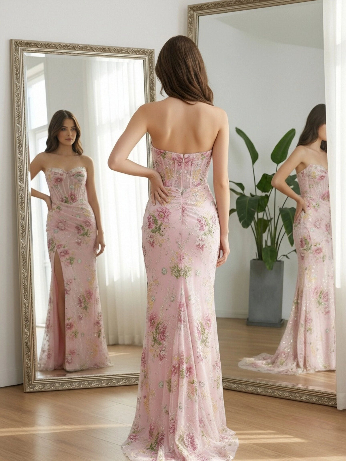Romantic Pink Floral Tulle Mermaid Sweetheart Strapless Corset Zipper-Back High-Slit Prom Dress