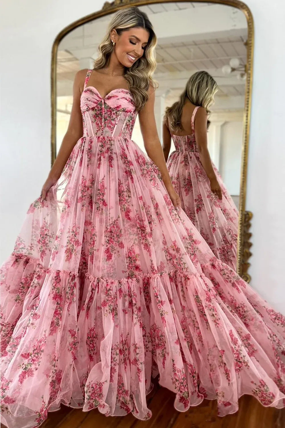 Loverlm pink floral tulle prom dress with a gathered sweetheart neckline, sheer corset-style bodice and wide ruffled A-line skirt.