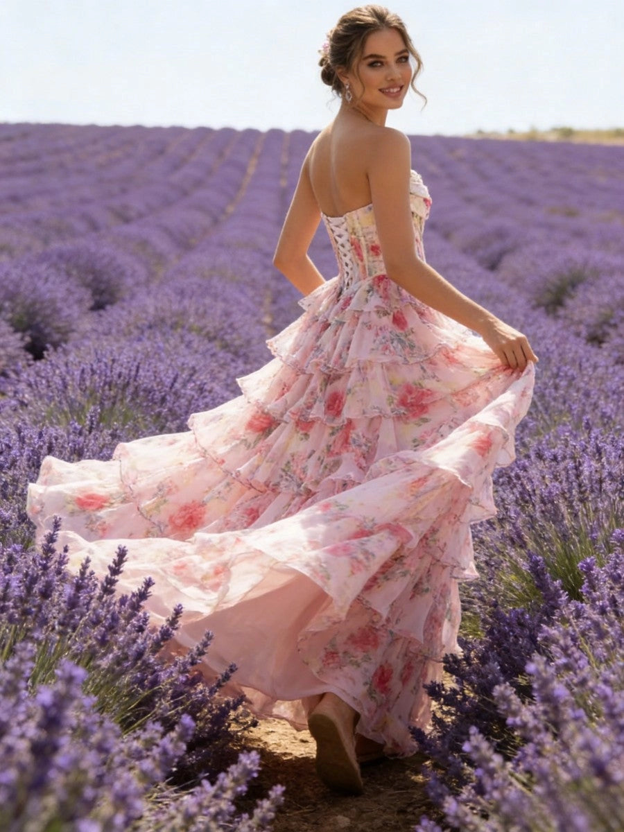 Romantic Floral Tulle A-Line Strapless Corset Lace-Up Tiered Prom Dress