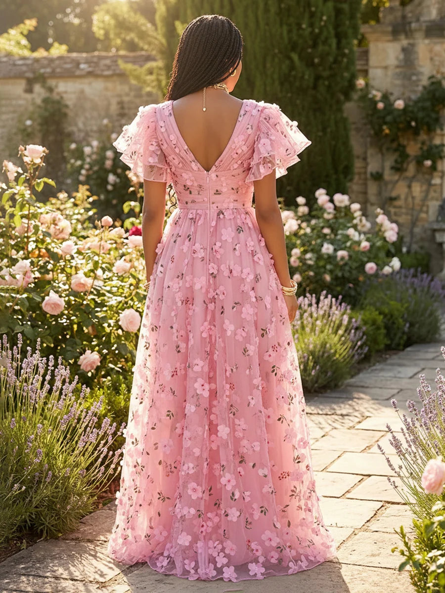 Romantic A-Line V-Neck Ruffle Sleeve Floral Tulle Wedding Guest Dress