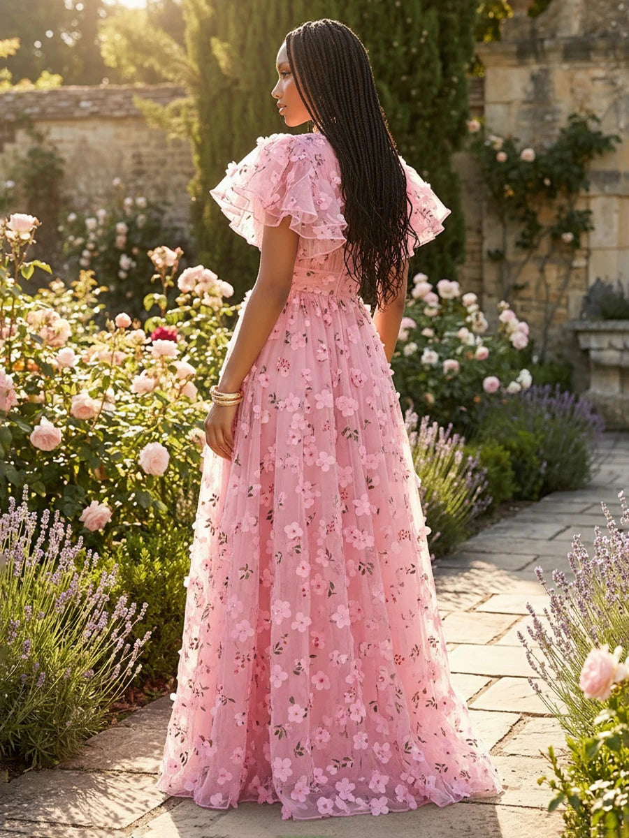 Romantic A-Line V-Neck Ruffle Sleeve Floral Tulle Wedding Guest Dress