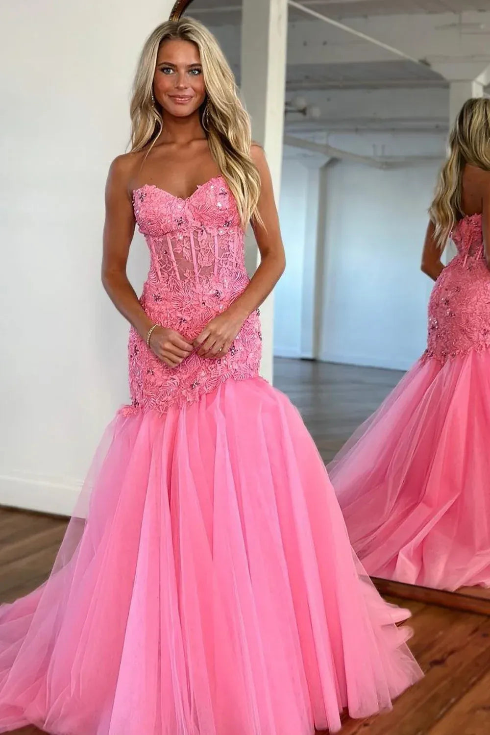 Loverlm pink mermaid prom dress with sweetheart lace corset and tulle skirt