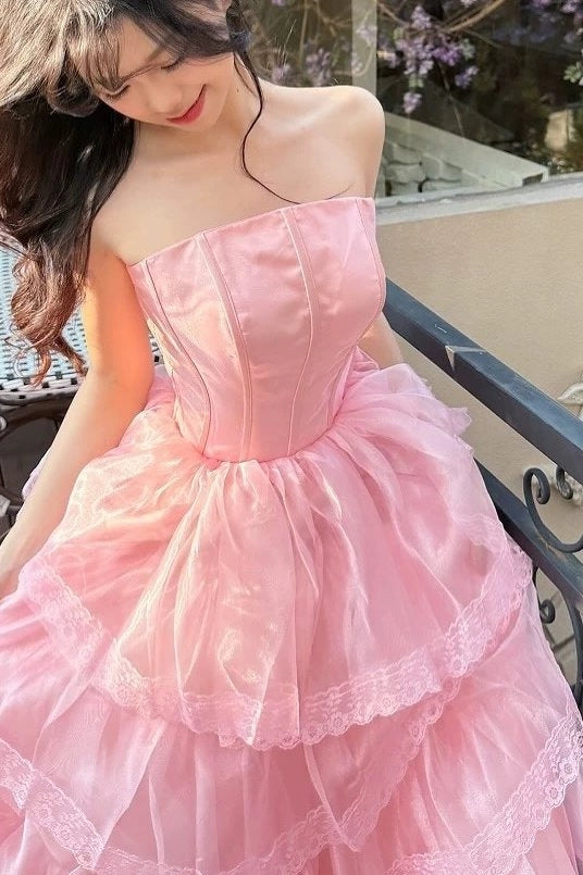 Romantic Ball Gown Straight-Neck Strapless Lace-Up Organza Floor-Length Lace-Trimmed Prom Dress