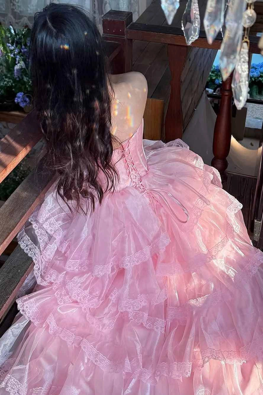 Romantic Ball Gown Straight-Neck Strapless Lace-Up Organza Floor-Length Lace-Trimmed Prom Dress