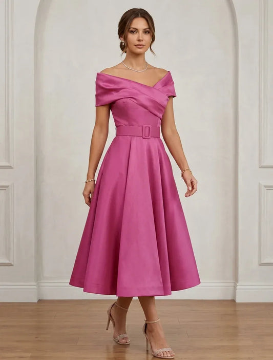 Loverlm pink off shoulder midi wedding guest dress with belt and full A-line skirt front view