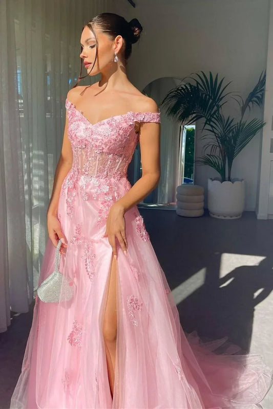 Loverlm blush pink A-line prom dress with off-shoulder lace corset and slit