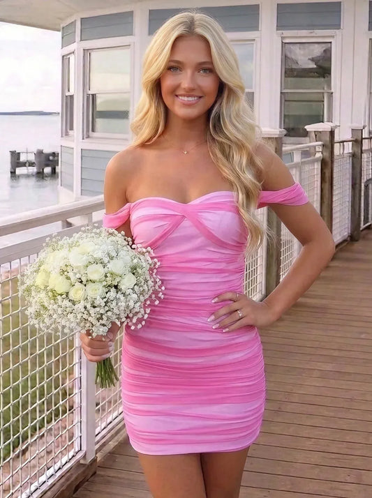 Loverlm pink sweetheart off-shoulder ruched bodycon mini homecoming dress