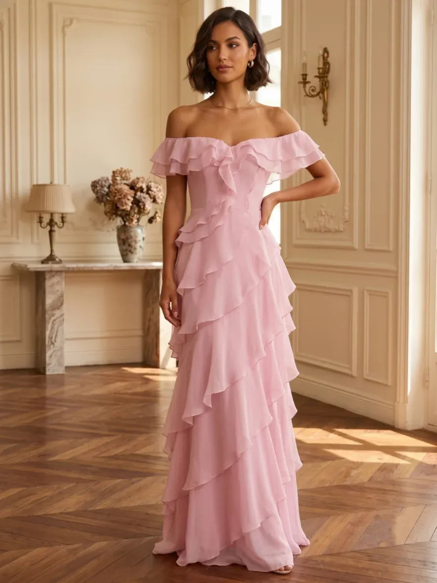 Loverlm pink off shoulder floor length bridesmaid dress with layered ruffles front view