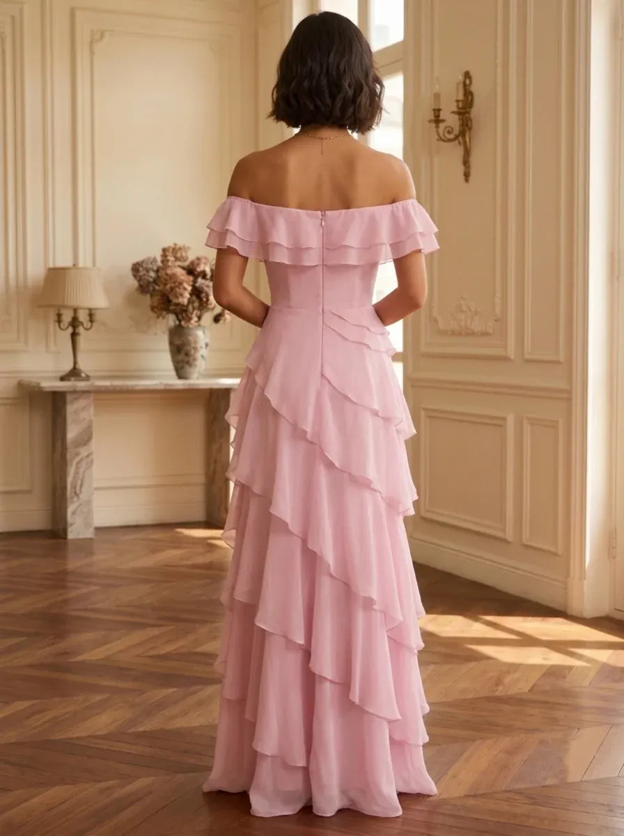 Romantic A-Line Off Shoulder Ruffle Zip Back Floor Length Evening Dress