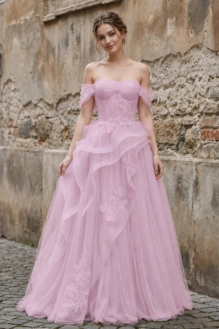 Loverlm soft pink off-the-shoulder tulle prom dress with floral lace appliqués and layered ruffles, front view