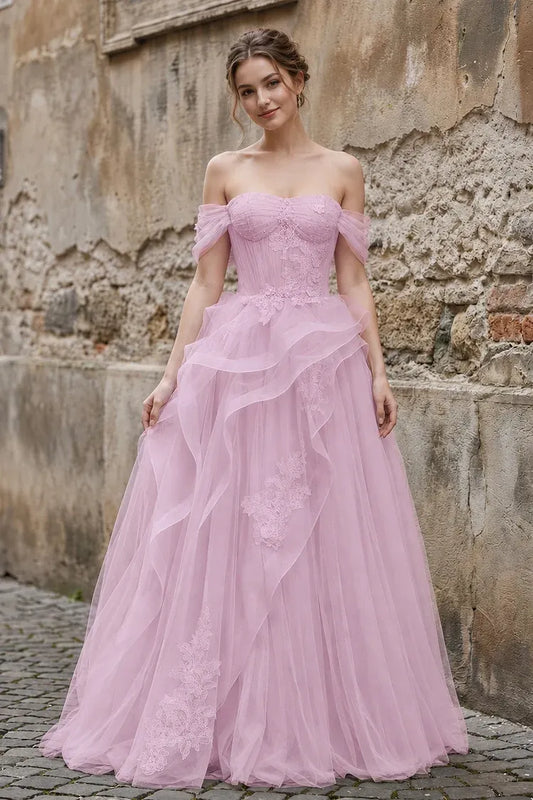 Loverlm soft pink off-the-shoulder tulle prom dress with floral lace appliqués and layered ruffles, front view