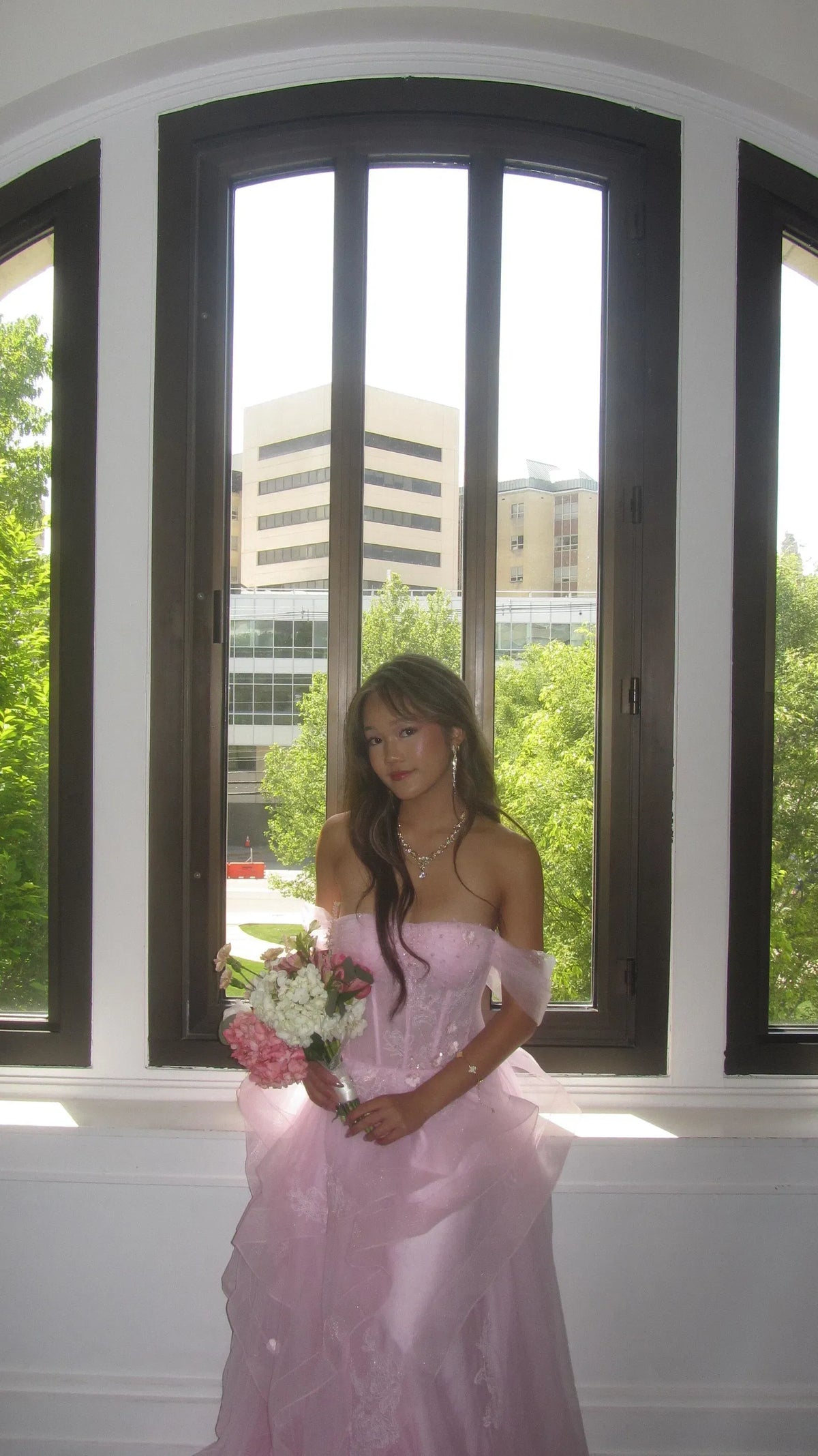 Dreamy Pink A-Line Off-Shoulder Ruffle Sleeve Tulle Corset Back Floor-Length Prom Dress
