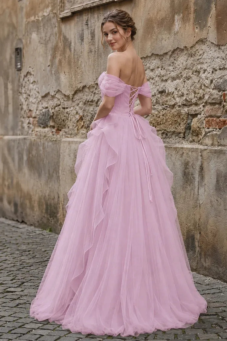 Dreamy Pink A-Line Off-Shoulder Ruffle Sleeve Tulle Corset Back Floor-Length Prom Dress