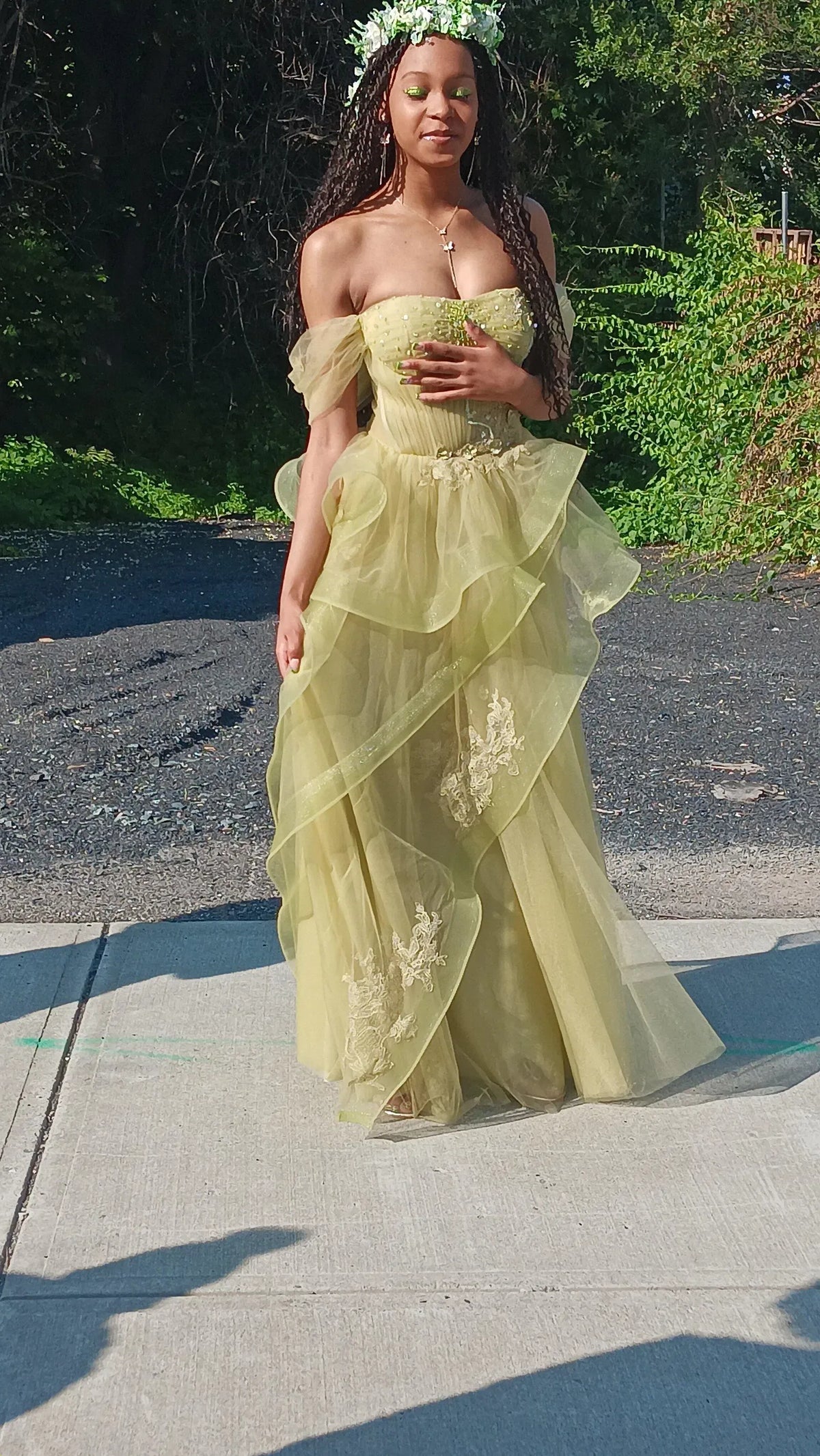 Dreamy Pink A-Line Off-Shoulder Ruffle Sleeve Tulle Corset Back Floor-Length Prom Dress