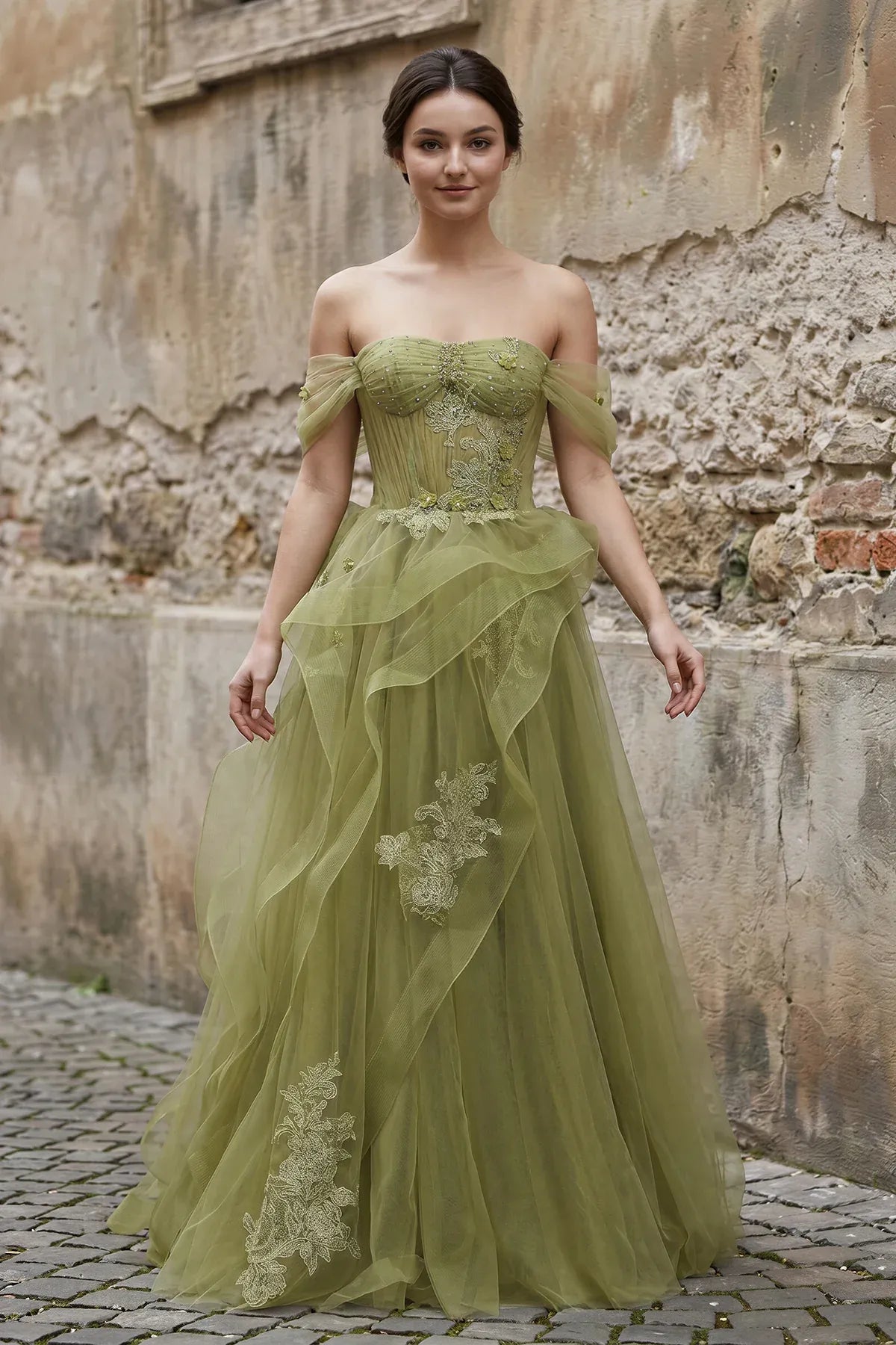 Dreamy Pink A-Line Off-Shoulder Ruffle Sleeve Tulle Corset Back Floor-Length Prom Dress