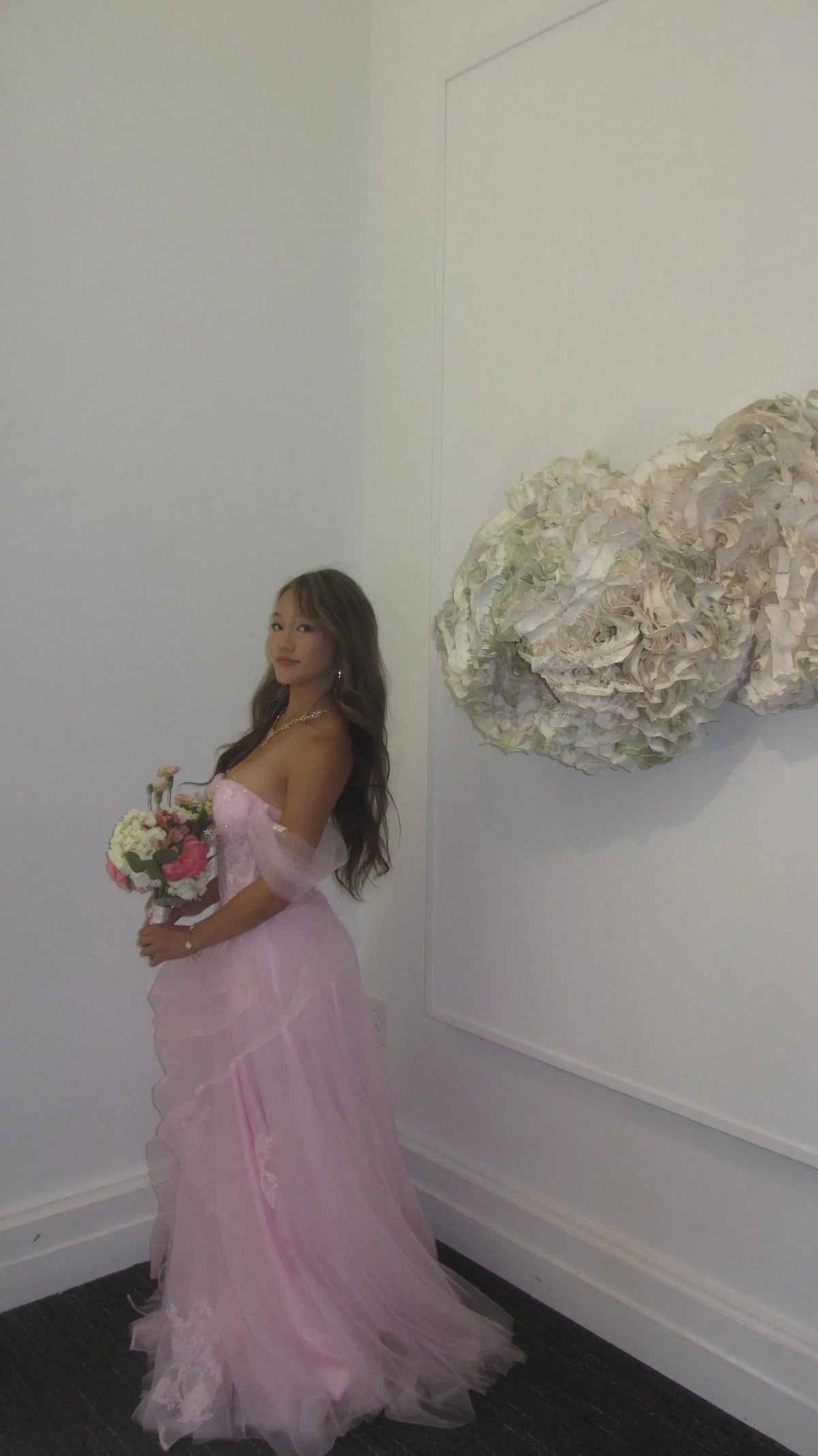 Dreamy Pink A-Line Off-Shoulder Ruffle Sleeve Tulle Corset Back Floor-Length Prom Dress