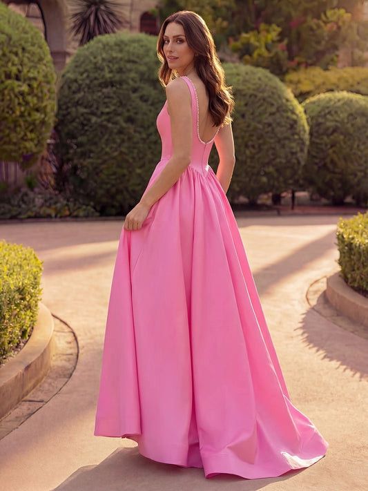 Front view of Loverlm pink satin ball gown prom dress with pearl-trimmed scoop neckline and structured bodice
