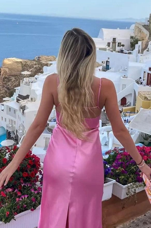 Elegant Column Scoop Neck Spaghetti Strap Open Back Floor-Length Satin Prom Dress