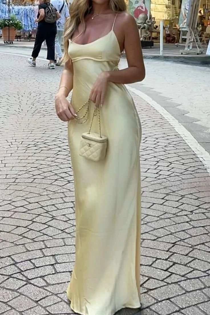 Elegant Column Scoop Neck Spaghetti Strap Open Back Floor-Length Satin Prom Dress