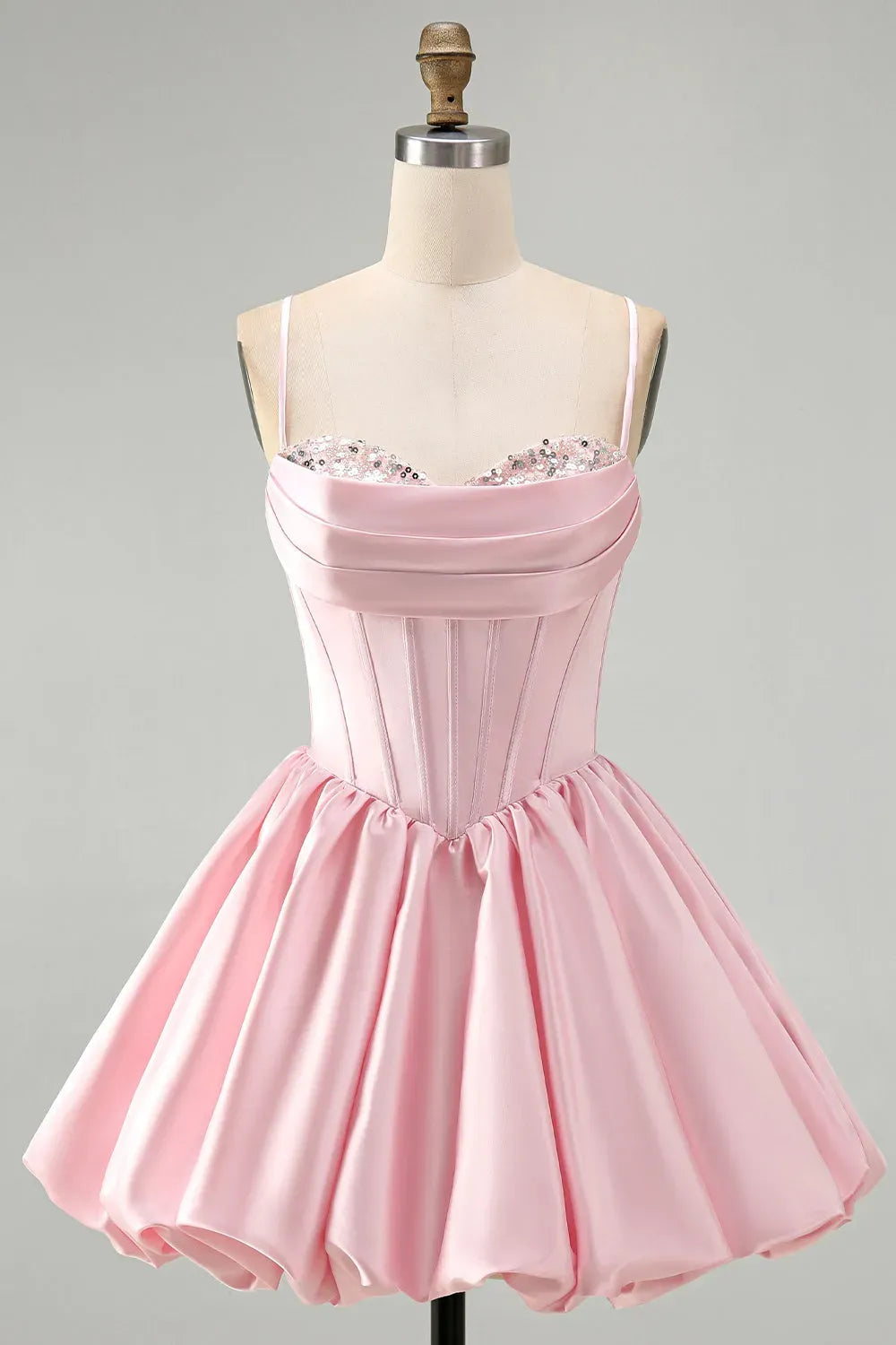 Charming A-Line Sweetheart Spaghetti Strap Zipper Back Satin Bubble Mini Homecoming Dress