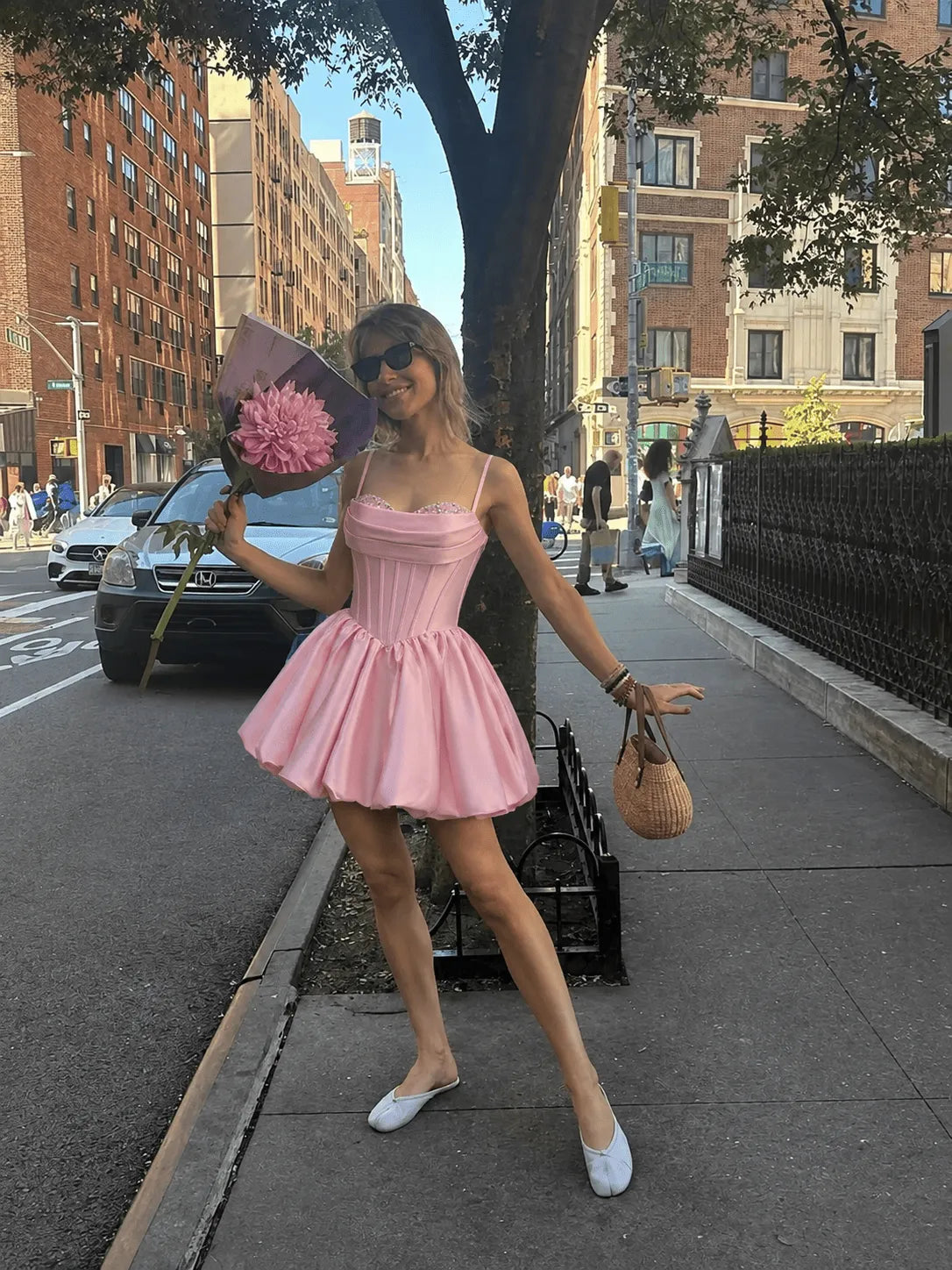Charming A-Line Sweetheart Spaghetti Strap Zipper Back Satin Bubble Mini Homecoming Dress