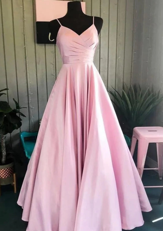 Loverlm pink satin A-line prom dress with V-neckline spaghetti straps ruched bodice and full floor length skirt front view