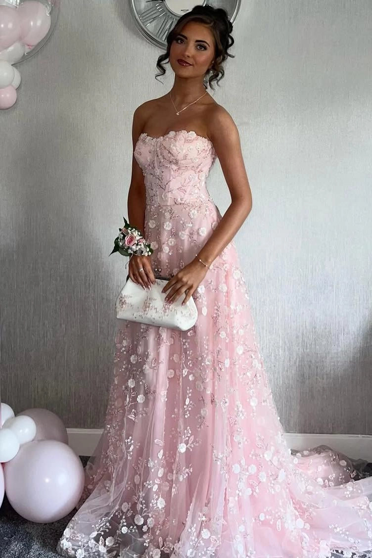 Front view of Loverlm pink floral sequin strapless sweetheart floor-length prom dress with train