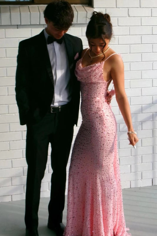 Loverlm pink sequin mermaid prom dress with cowl neckline and delicate spaghetti straps