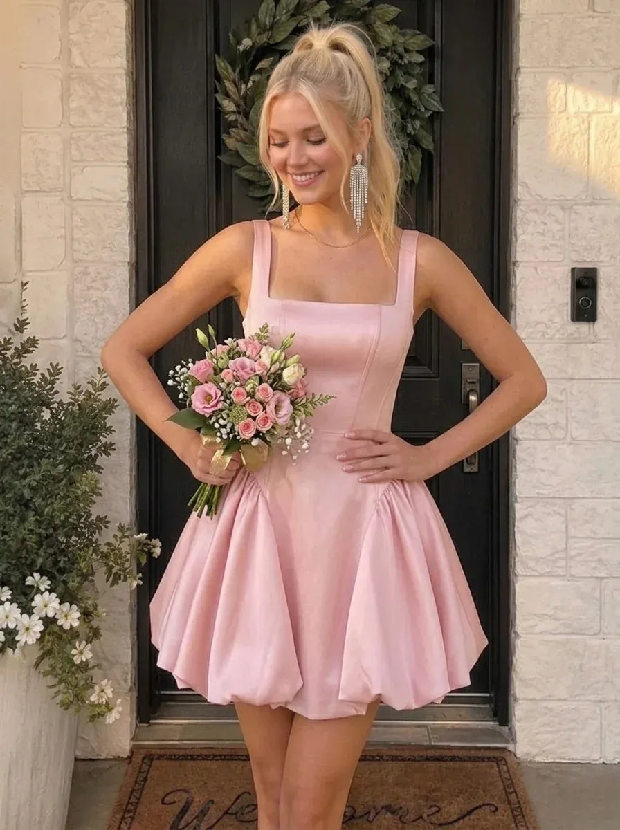 Loverlm pink square neck mini homecoming dress with fitted bodice and bubble hem front view