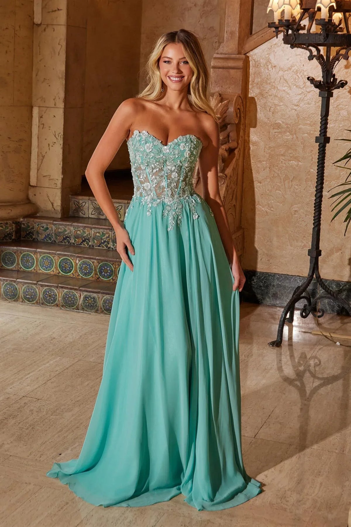 Loverlm pink strapless floral corset A-line prom dress front