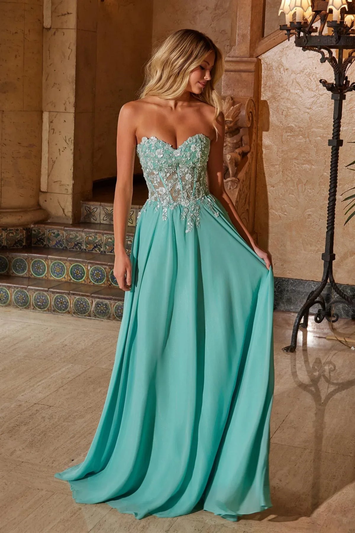 Romantic A-Line Sweetheart Strapless Lace-Up Back Floor-Length Prom Dress