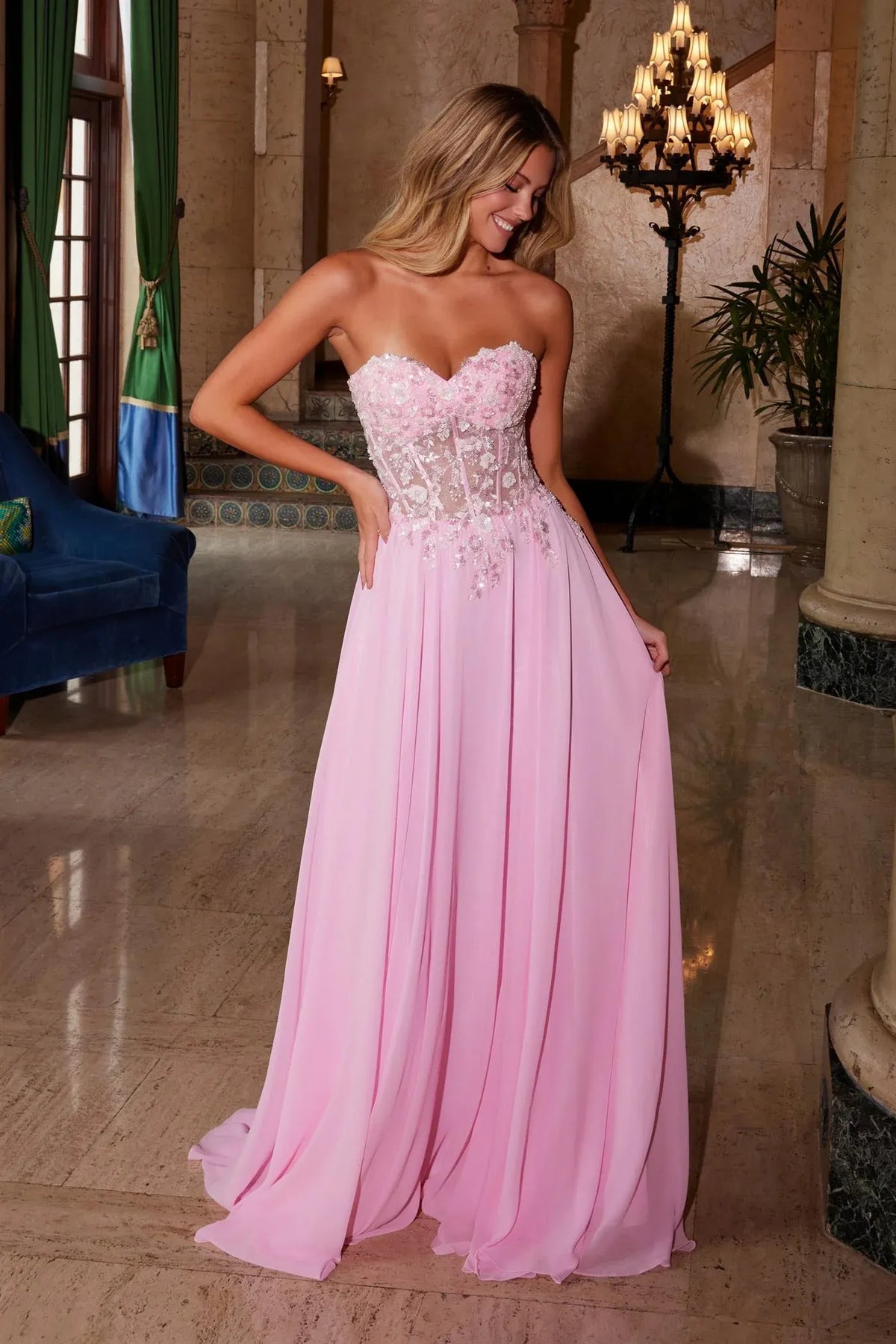 Loverlm pink strapless floral corset A-line prom dress front