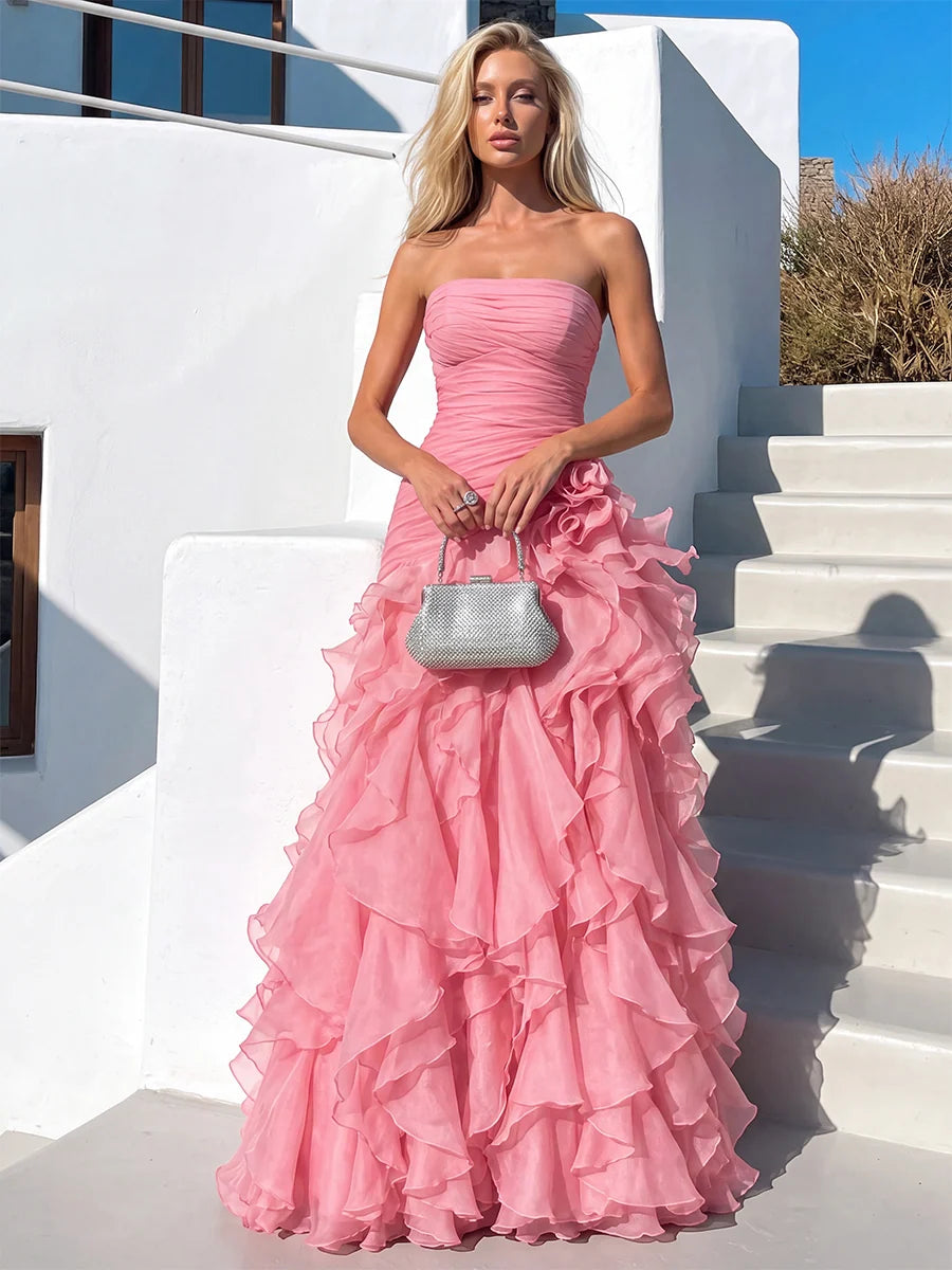 Romantic Mermaid Sweetheart Strapless Chiffon Floor-Length Ruffle Prom Dress