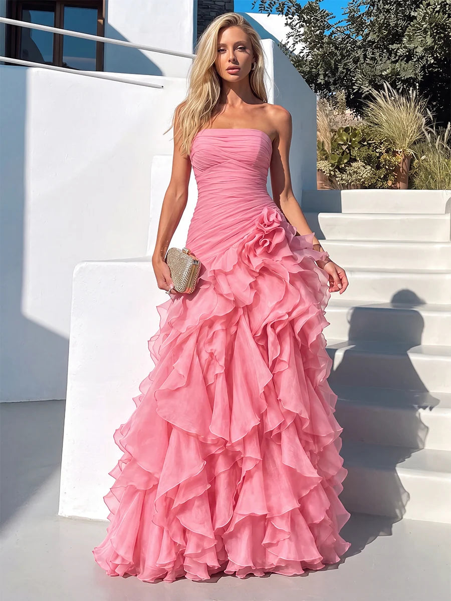 Romantic Mermaid Sweetheart Strapless Chiffon Floor-Length Ruffle Prom Dress