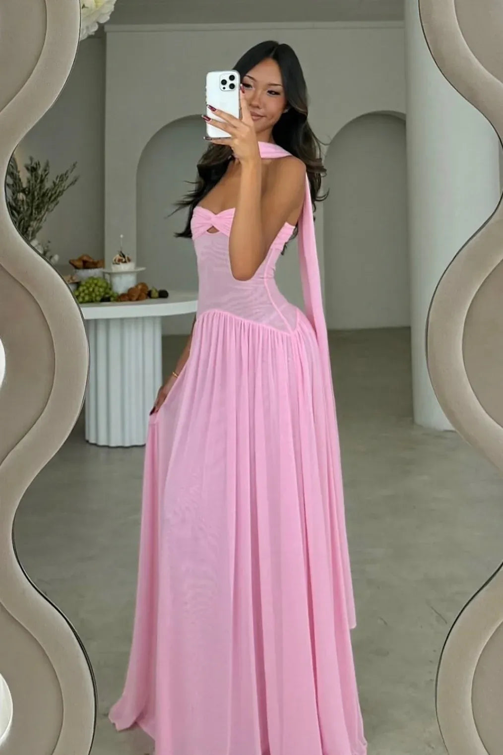 Elegant Chiffon A-Line Sweetheart Sleeveless Open Back Scarf Tie Long Party Dress