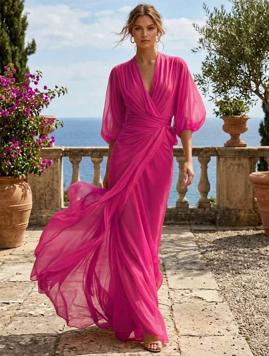 Loverlm pink V-neck A-line wedding guest dress with balloon sleeves