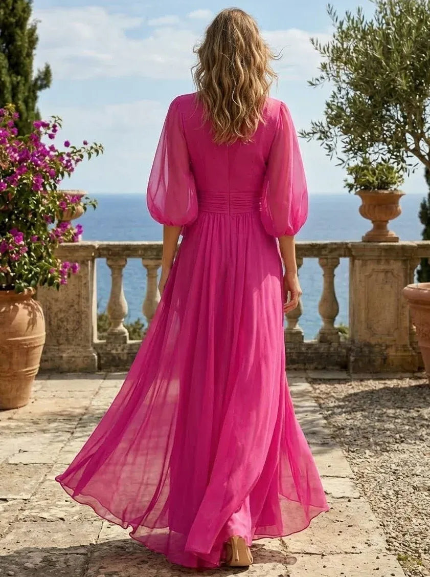 Elegant A-Line V-Neck Balloon Sleeve Closed-Back Floor-Length Wedding Guest Dress