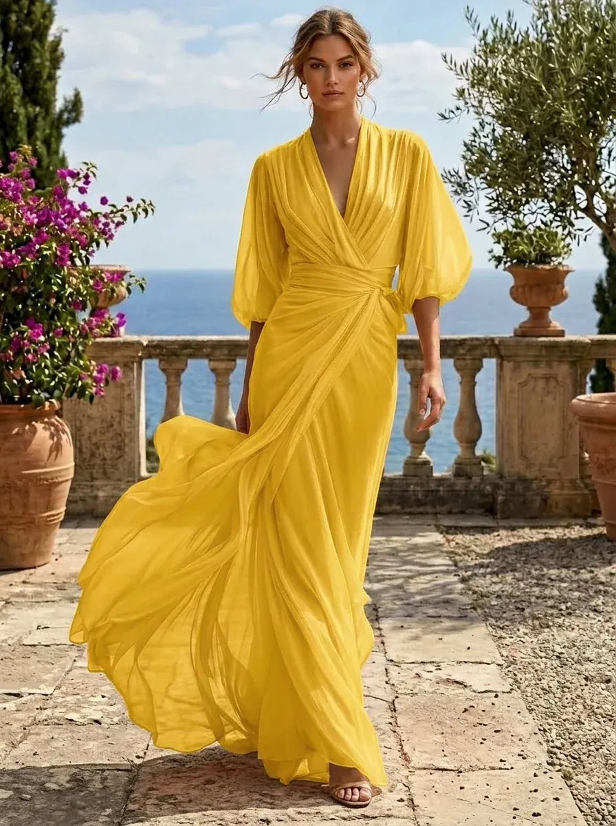 Elegant A-Line V-Neck Balloon Sleeve Closed-Back Floor-Length Wedding Guest Dress