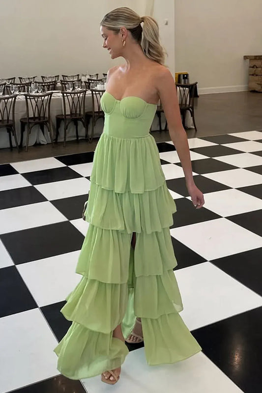 Loverlm pistachio green chiffon prom dress with a strapless sweetheart bodice, tiered A-line ruffle skirt and front slit.