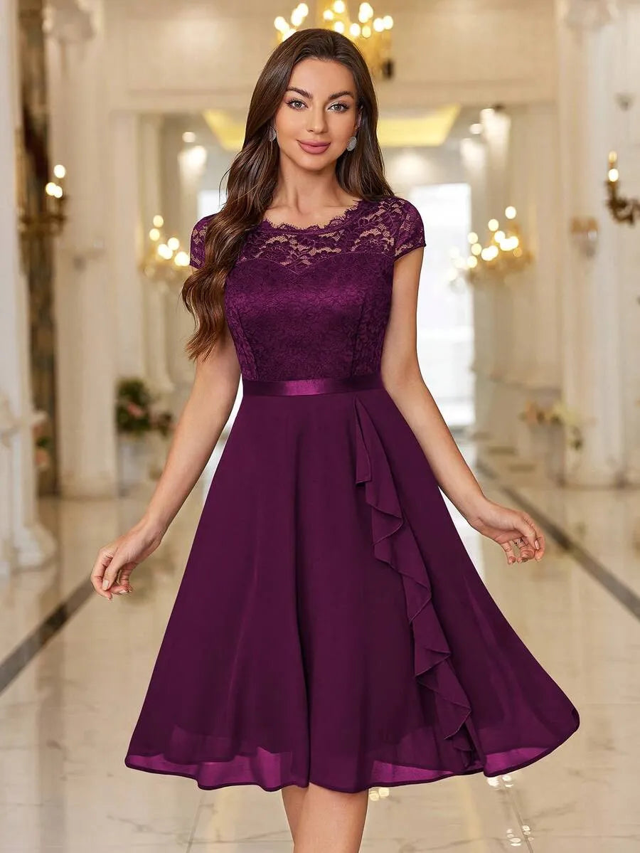 Loverlm plum wedding guest dress with lace bateau neckline short sleeves and ruffled A-line chiffon skirt